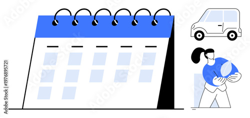 Sustainability, eco-lifestyle, scheduling, transportation, environmental awareness, planning. A calendar, person holding a leaf and a car. Sustainability and eco-lifestyle