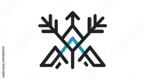 Stylized black line art of mountains, a snowflake, and an arrow on a white background