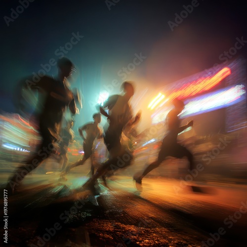 Nighttime Crowd Running Motion Blur in Vibrant City Lights