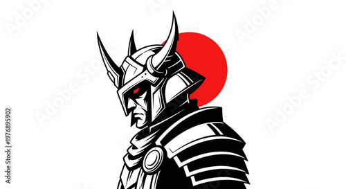 Illustrative Samurai Warrior with Japanese Flag Backdrop and Red Sun Emblem, gsk