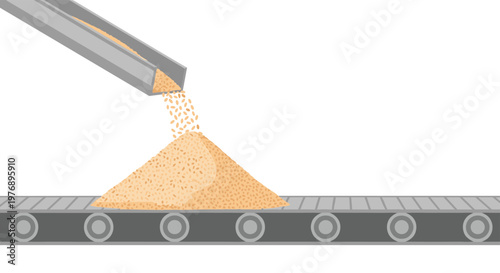 Metal chute pours granular dry material onto a moving industrial conveyor belt within a minimalist white facility under soft and even studio lighting conditions.