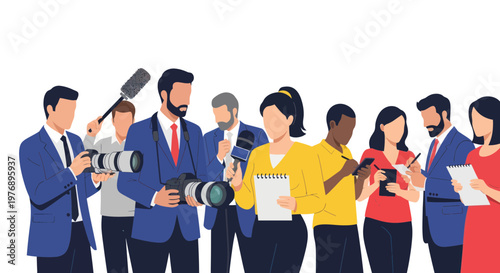 Diverse group of journalists and photographers gathering news with cameras and notepads in a crowded scene