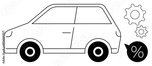 Automotive services, car repair, cost calculation, fuel efficiency, mechanical work, sales promotion. Outline of a car with gear symbols and percent icon. Automotive services and cost calculation