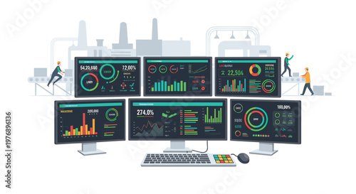 Multiple computer screens display colorful performance data charts and graphs in a busy industrial control room with workers operating machinery in the back.