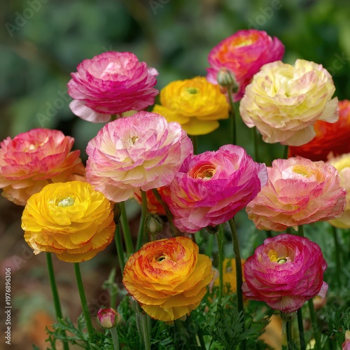 Colorful Ranunculus Flowers Blooming in Garden Bright Natural Light