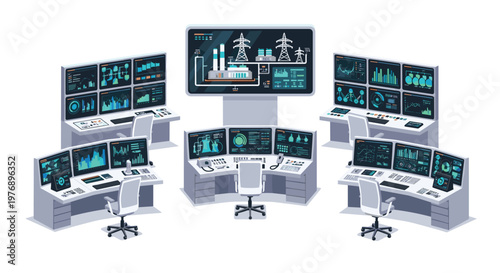 Multiple workstations with screens and ergonomic chairs are arranged in a modern industrial control center featuring a large central display of power grids.