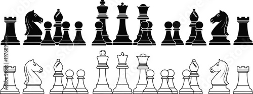 Chess pieces set silhouettes and outlines, strategy board game elements, king queen rook knight bishop pawn icons, black and white vector