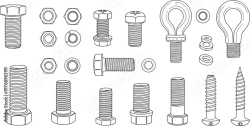 Industrial fasteners collection including bolts nuts screws and eye bolts, engineering hardware set, mechanical components, technical outline vector illustration