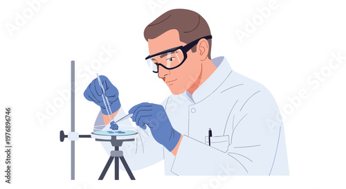 Focused male scientist wearing protective safety goggles carefully manipulates small blue biological samples with tweezers inside a modern research facility.
