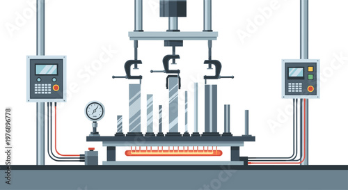 Automated industrial machinery features hydraulic clamps and digital control panels for precise metal rod processing within a high-tech manufacturing facility.