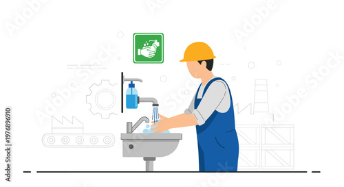 Diligent construction worker wearing a bright yellow safety hard hat washes his hands at a clean sink within a busy industrial factory production area.