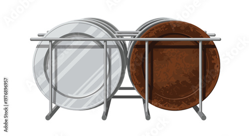Circular metal discs arranged in a storage rack display a distinct visual contrast between a pristine silver finish and a heavily corroded brown surface.