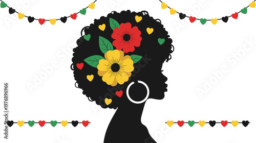 Elegant silhouette of a Black woman with a vibrant afro hairstyle, adorned with colorful flowers and Pan-African hearts.