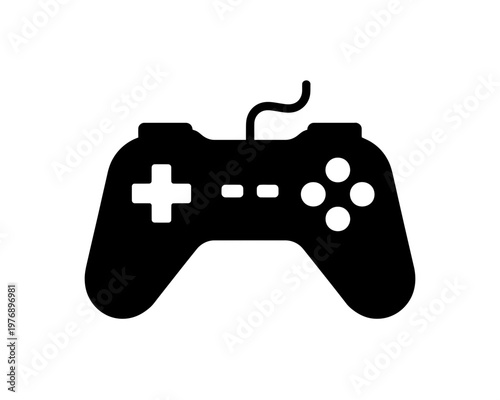 Black video game controller icon isolated on white background for gaming and technology design