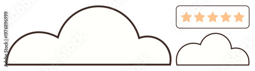 Cloud computing, online reviews, quality assurance, ratings, digital services, customer feedback. Two outlined cloud shapes and a five-star rating icon. Cloud computing and online reviews