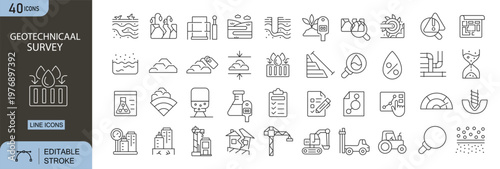 Geotechnical survey icons set representing soil testing, land analysis, construction planning, engineering survey, ground study and site inspection . Editable Stroke.