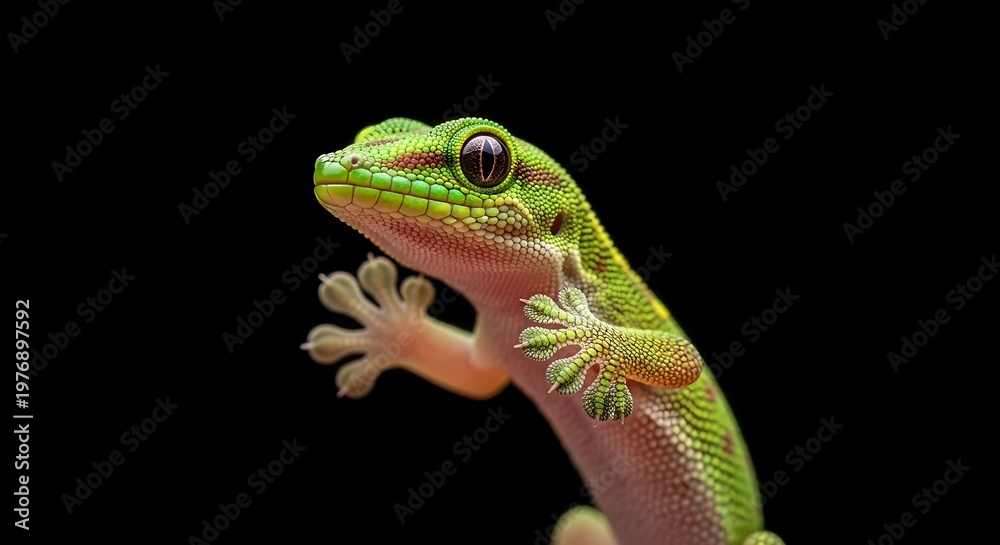 Fototapeta premium Vibrant Green Gecko on Black Background - A Detailed Macro Shot.