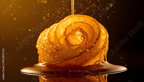 A delicious pastry being drizzled with sweet syrup on a plate