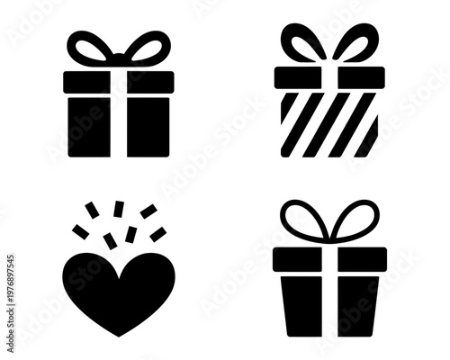 black gift icons with heart and confetti