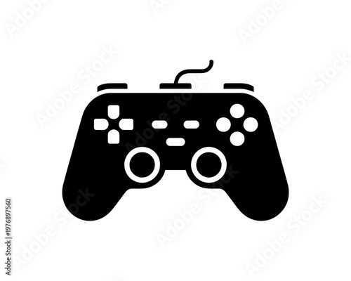 Black video game controller icon isolated on white background for gaming and technology design