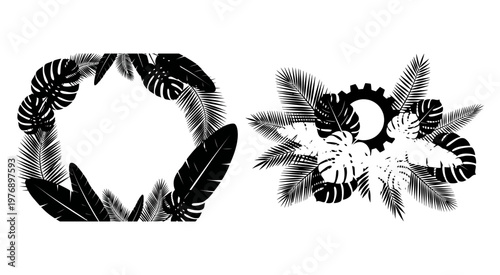 Exotic Tropical Palm Leaf Vector Silhouette Border and Foliage Elements