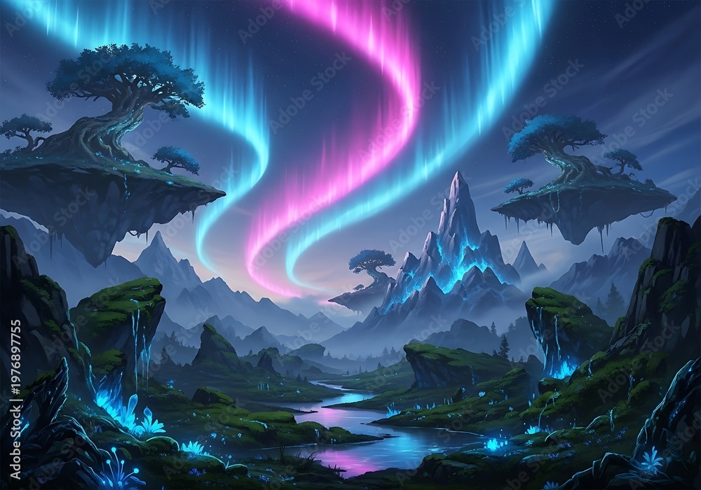 Fototapeta premium Fantasy landscape with floating islands under a vibrant aurora borealis display