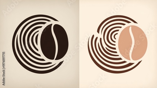 Graphic stylized coffee beans surrounded by concentric rings on light tan background