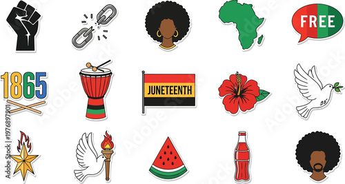 Diverse collection of Juneteenth celebration icons and symbols vector illustration set, representing freedom and African American culture.