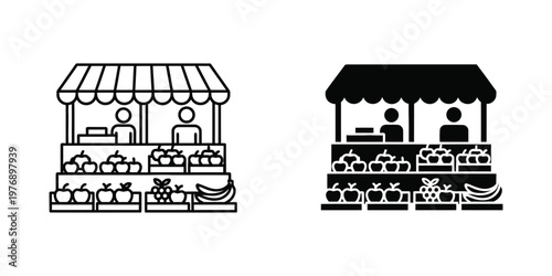 Fruit stand with vendors, outline and solid black set