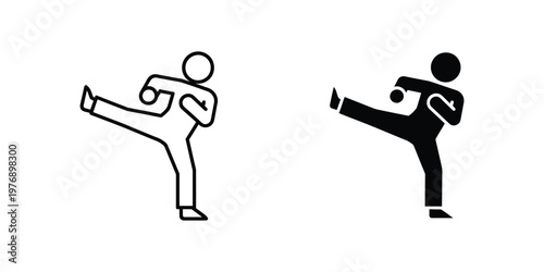 Karate kick stick figure in outline and solid black styles set
