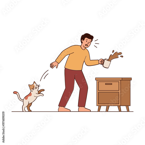 Man spills coffee while cat jumps up in surprise indoors