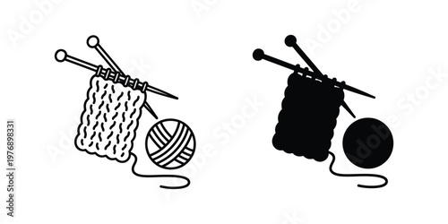 Knitting with yarn balls and needles, outline and solid black set