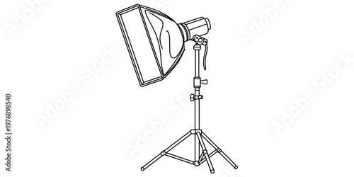 A simple black and white line drawing of a professional studio lighting equipment with softbox