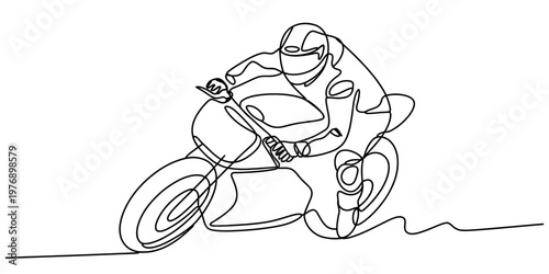 A continuous line drawing of a professional motorcycle rider speeding on a racing sport bike
