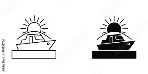 Motorboat and rising sun black and white set yacht