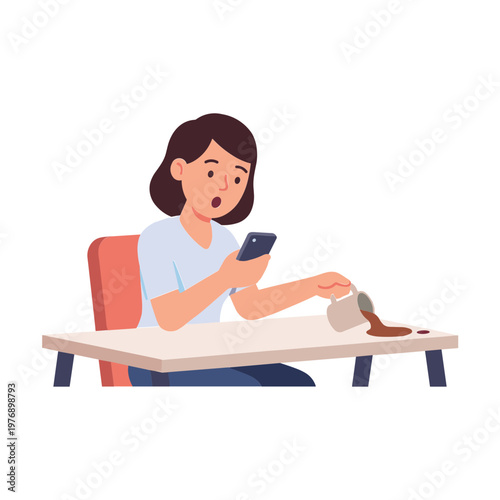 Woman spills coffee while looking at phone in shock at desk