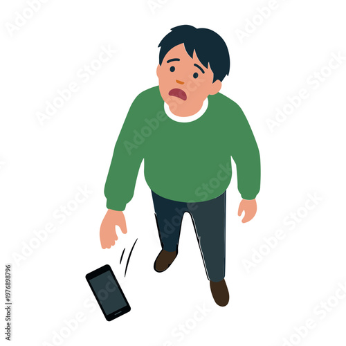 Man dropping smartphone in shock on the floor indoors