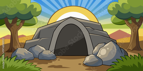 Empty stone tomb of Jesus with large boulder rolled away. Bright light shining from inside cave. Olive tree garden at sunrise. Christian Easter resurrection religious holiday