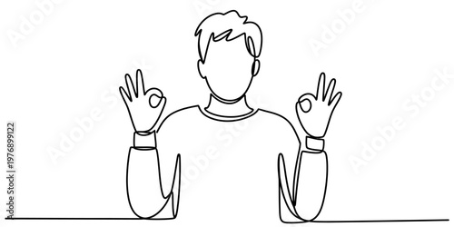 A continuous line drawing of a young man making an okay hand gesture with both of his hands up