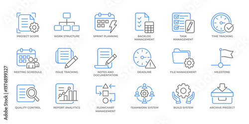 Project Management and Corporate Planning Icon Set Line Art Vector Illustration Editable