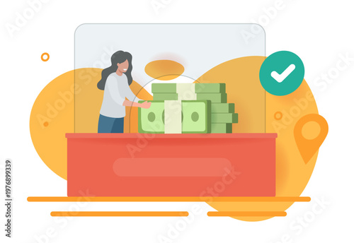 Woman bank teller give lots of money in cashier window icon vector modern graphic minimal illustration, cash office service payment, loan or credit concept drawn cartoon image clip art
