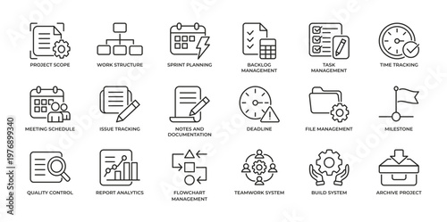 Project Management and Corporate Planning Icon Set Line Art Vector Illustration Editable