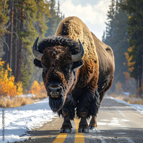 Large bison on a snowy road with trees