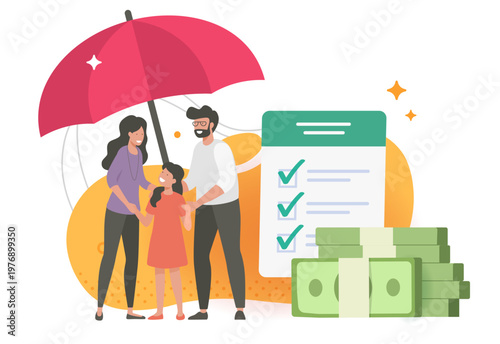 Family financial planning benefit, money budget insurance protection concept icon modern graphic illustration drawn cartoon, parents with kid covered under umbrella near checklist currency clip art

