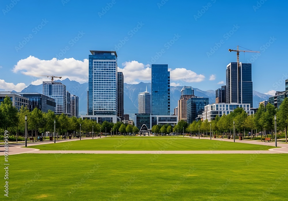 Obraz premium Modern city skyline with green park and blue sky background
