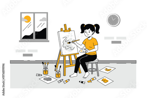 Young Woman Painting on Canvas at Home