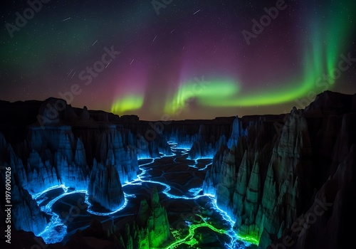 Night landscape features glowing river with colorful aurora borealis