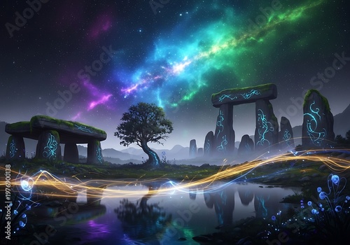 Mystical landscape ancient stones and nebulous sky with glowing energy