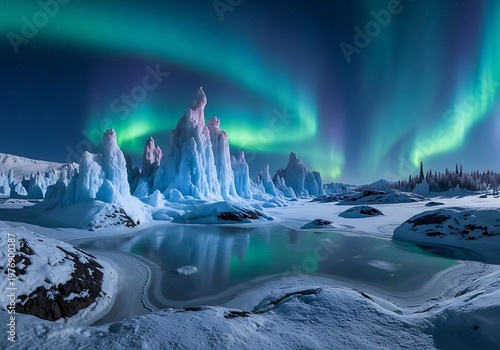 Stunning aurora borealis display over snowy landscape and frozen lake