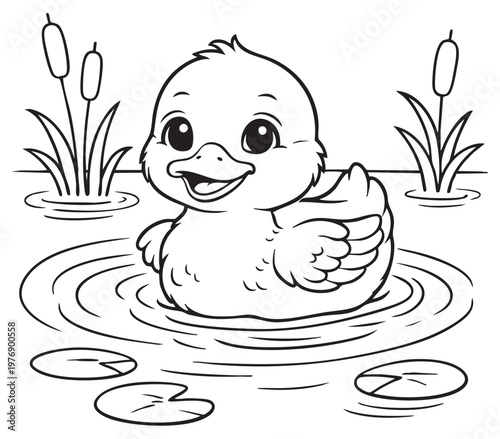 Smiling Duckling in a Pond: A delightful black and white illustration of a cheerful duckling, enjoying a leisurely swim in a calm pond with lily pads and reeds.